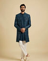 Manyavar Men Elegant Teal Blue Georgette Indo Western