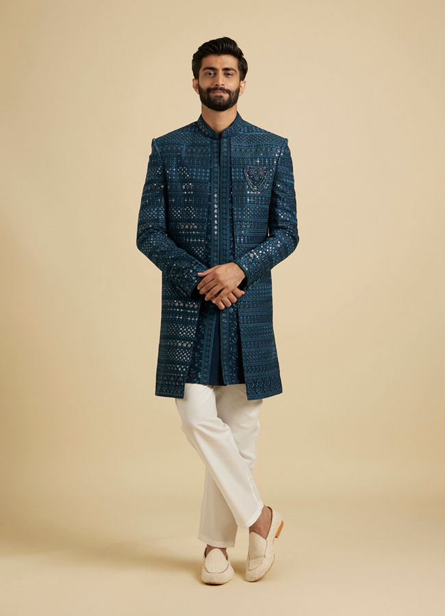 Manyavar Men Elegant Teal Blue Georgette Indo Western