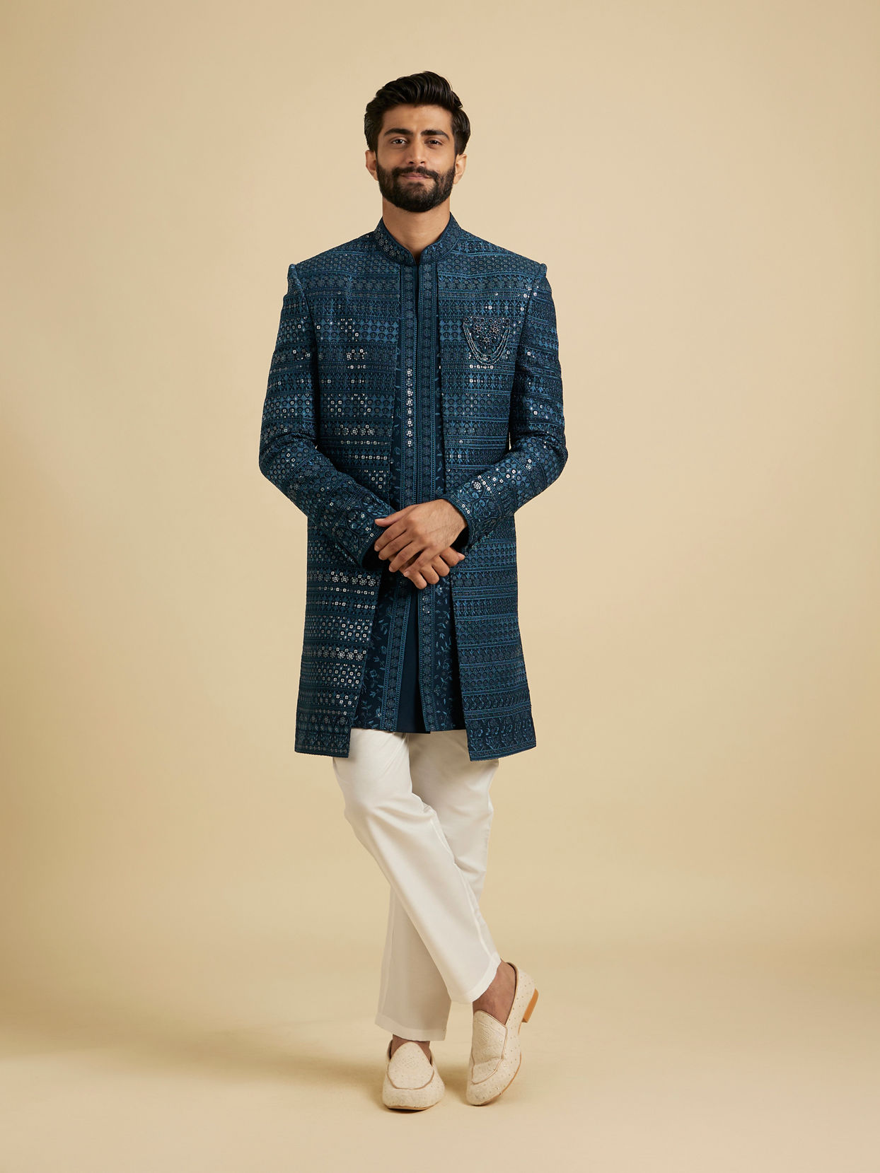 Manyavar Men Elegant Teal Blue Georgette Indo Western