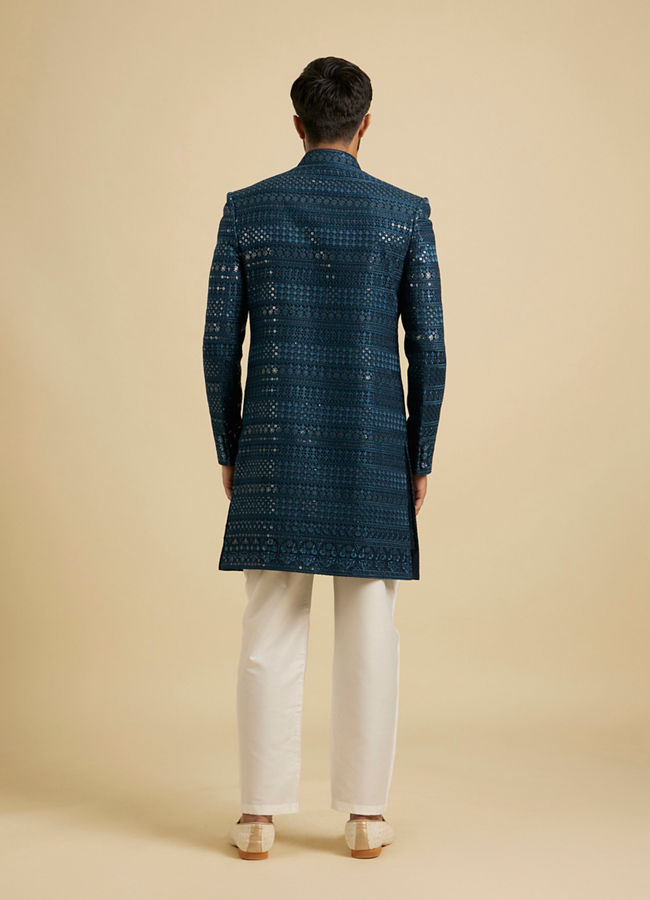 Manyavar Men Elegant Teal Blue Georgette Indo Western