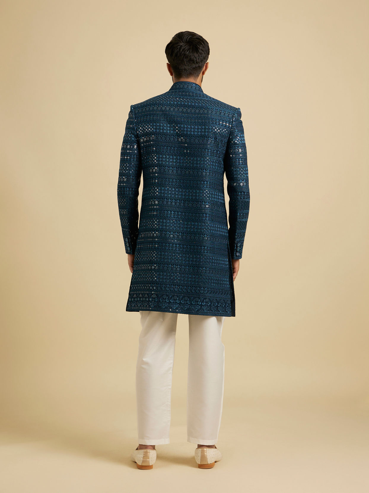 Manyavar Men Elegant Teal Blue Georgette Indo Western
