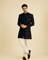 Manyavar Men Teal Green Velvet Indo Western Ensemble