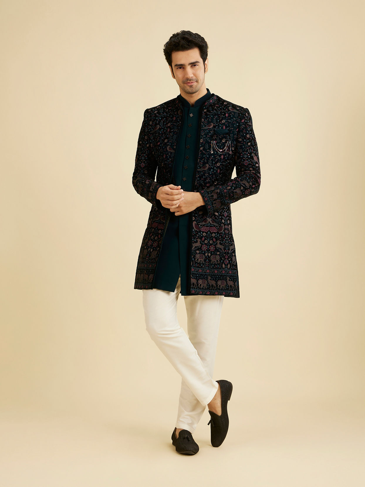 Manyavar Men Teal Green Velvet Indo Western Ensemble