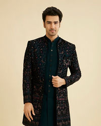 Manyavar Men Teal Green Velvet Indo Western Ensemble