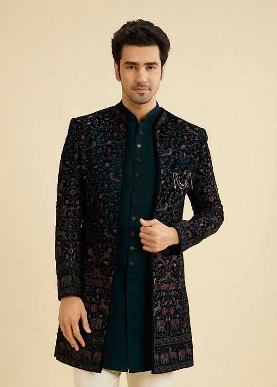 Manyavar Men Teal Green Velvet Indo Western Ensemble