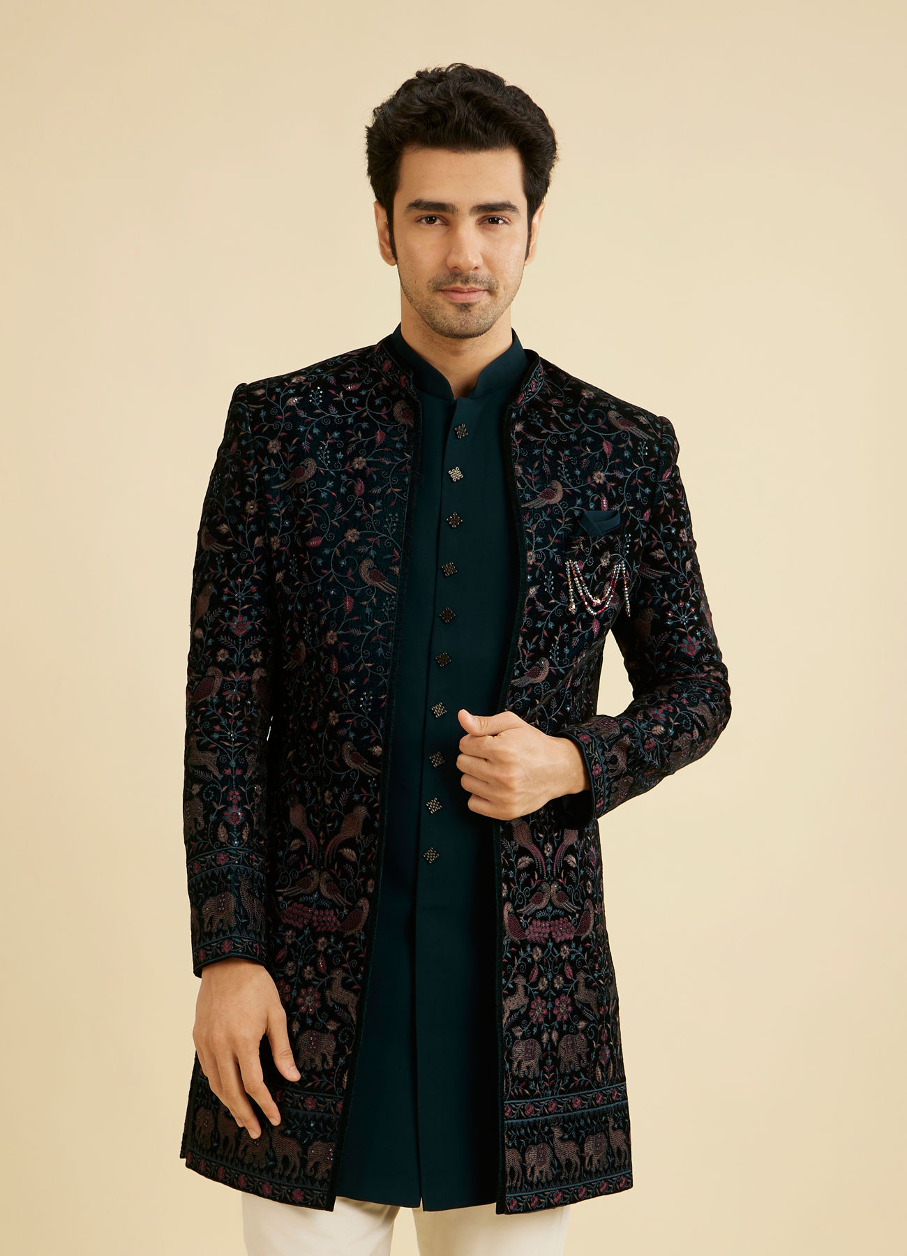 Manyavar Men Teal Green Velvet Indo Western Ensemble