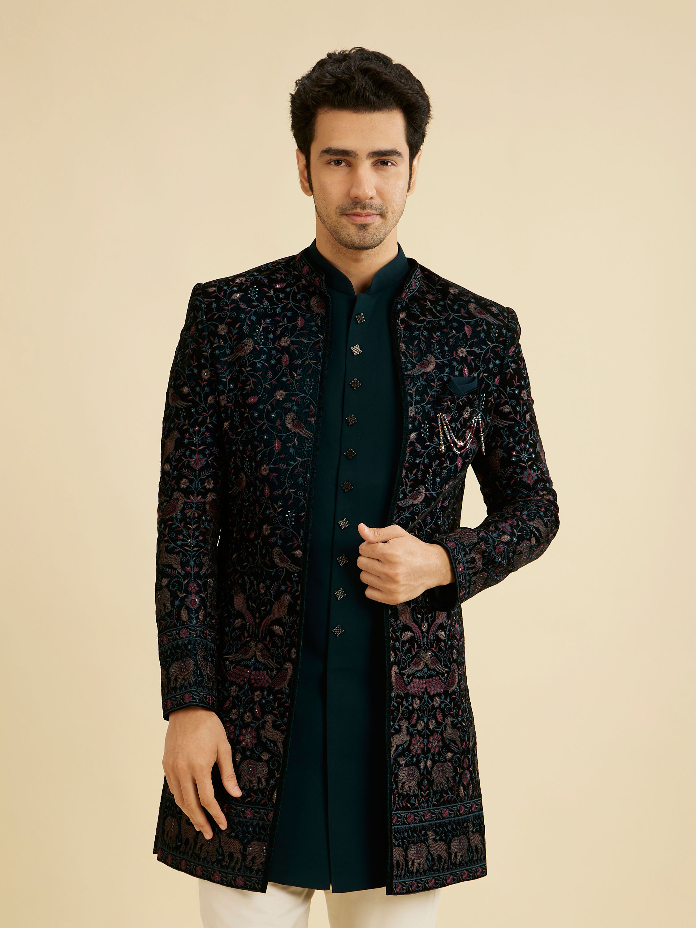 Manyavar Men Teal Green Velvet Indo Western Ensemble