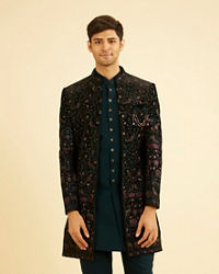 Manyavar Men Teal Green Velvet Indo Western Ensemble