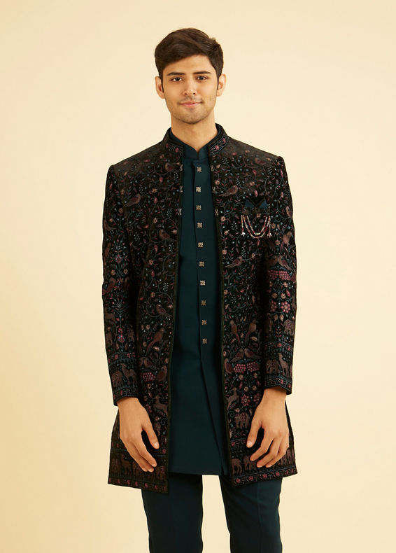 Manyavar Men Teal Green Velvet Indo Western Ensemble