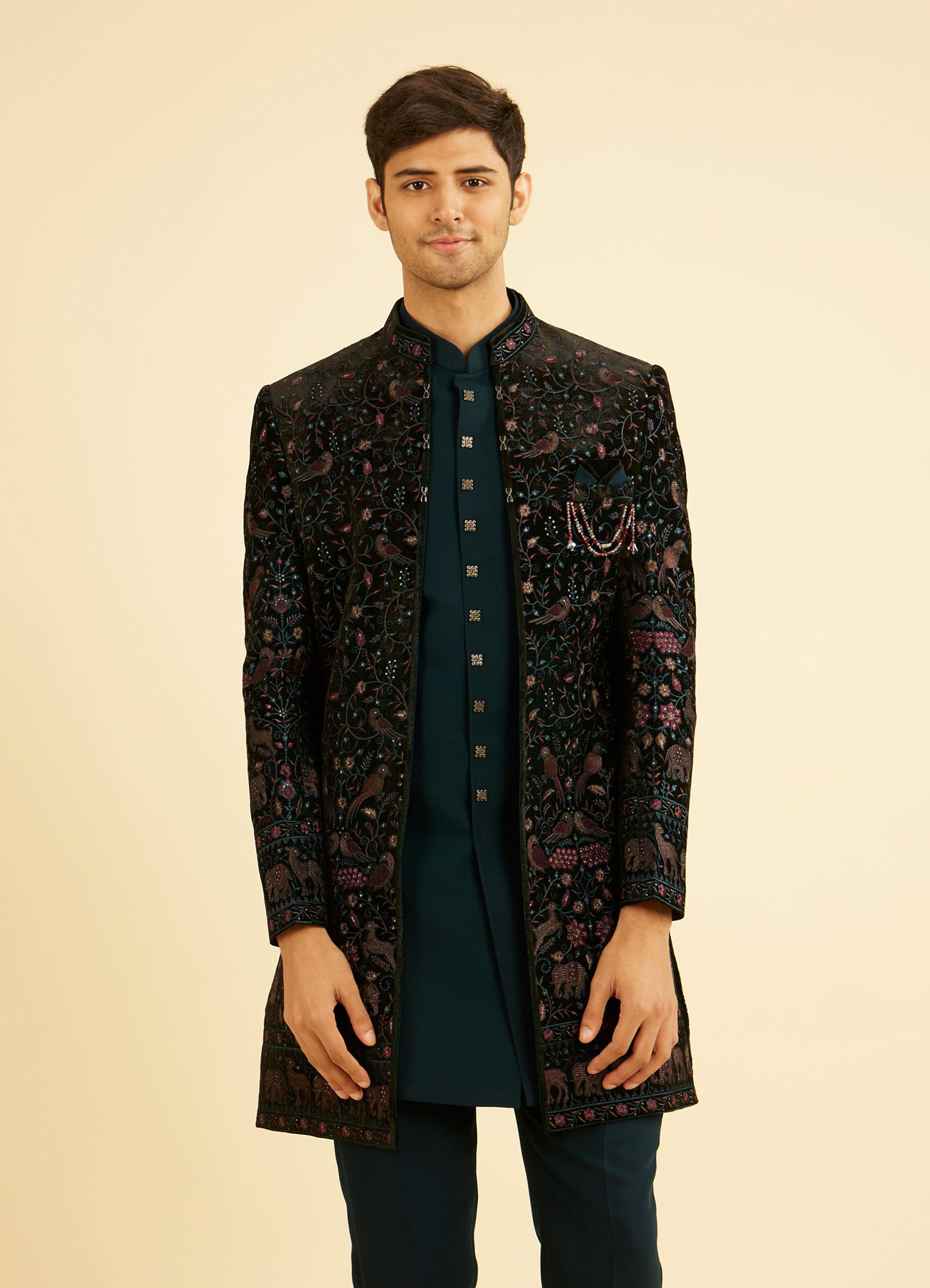 Manyavar Men Teal Green Velvet Indo Western Ensemble