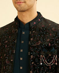 Manyavar Men Teal Green Velvet Indo Western Ensemble