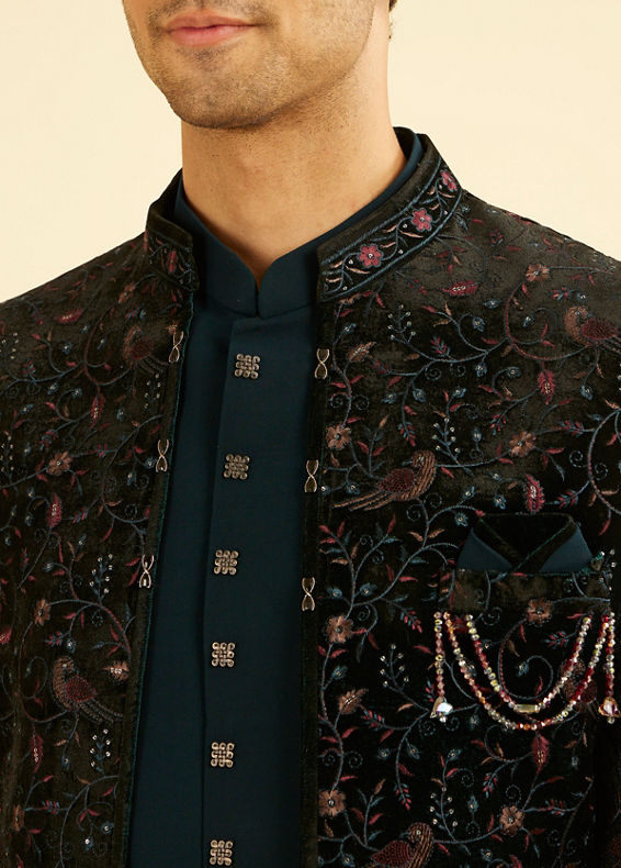 Manyavar Men Teal Green Velvet Indo Western Ensemble