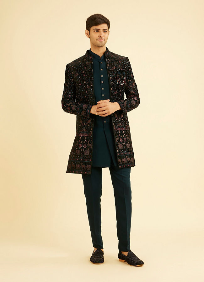Manyavar Men Teal Green Velvet Indo Western Ensemble