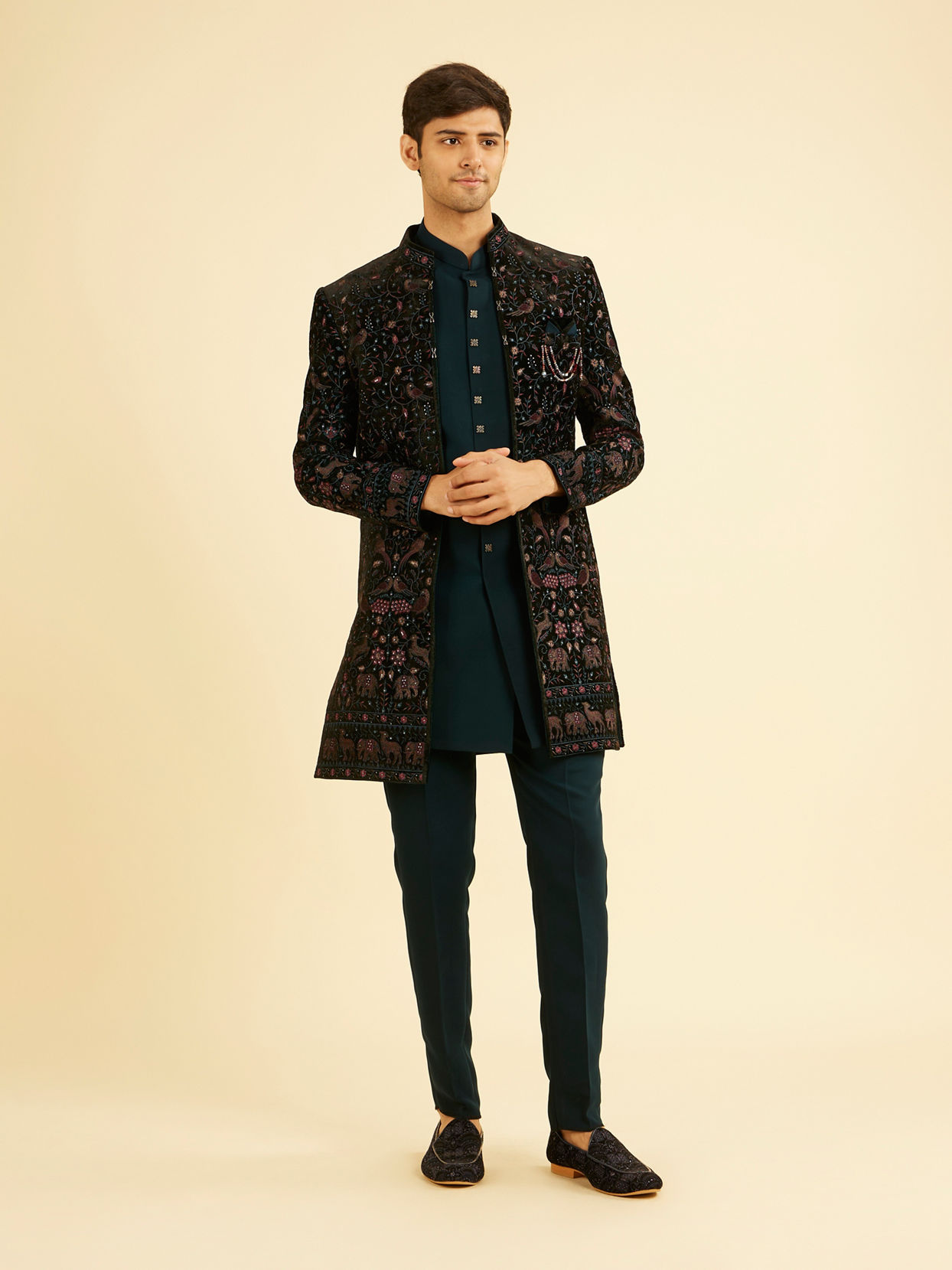 Manyavar Men Teal Green Velvet Indo Western Ensemble
