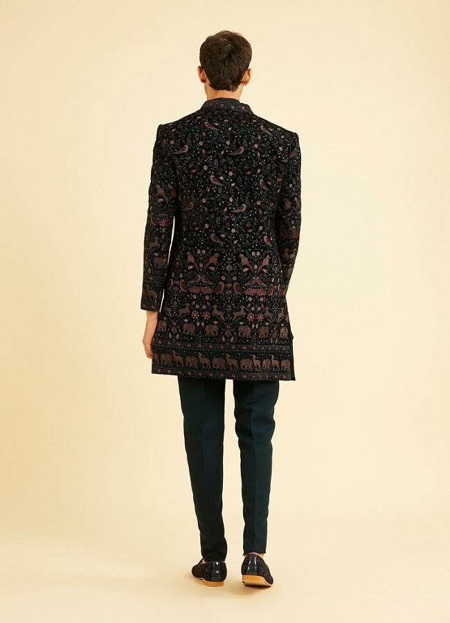 Manyavar Men Teal Green Velvet Indo Western Ensemble