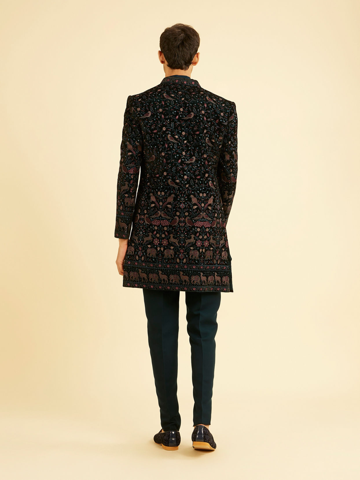 Manyavar Men Teal Green Velvet Indo Western Ensemble
