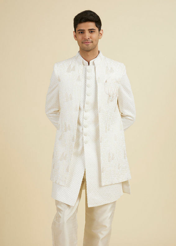 Manyavar Men Elegant Cream Georgette Indo Western Set
