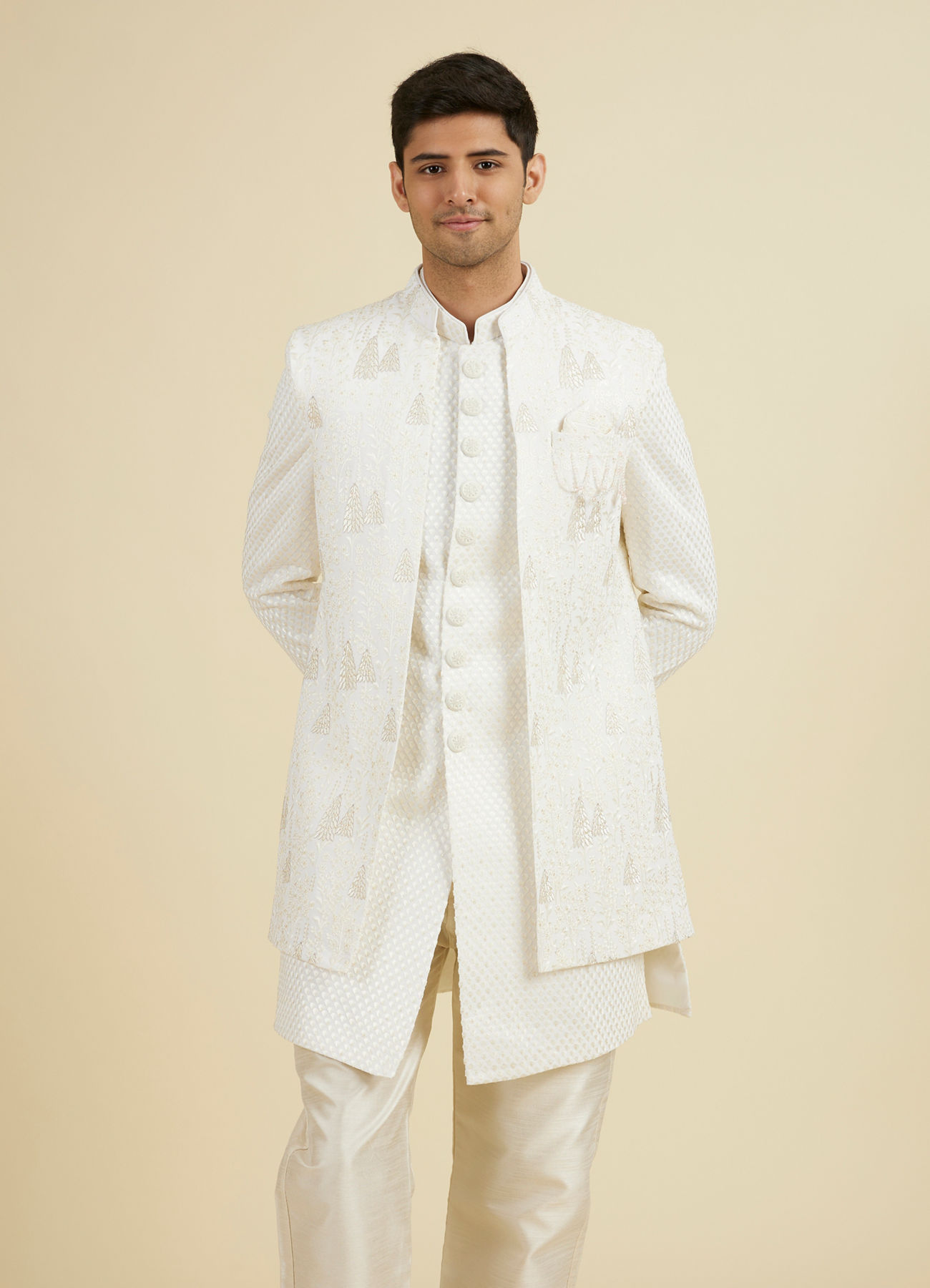 Manyavar Men Elegant Cream Georgette Indo Western Set