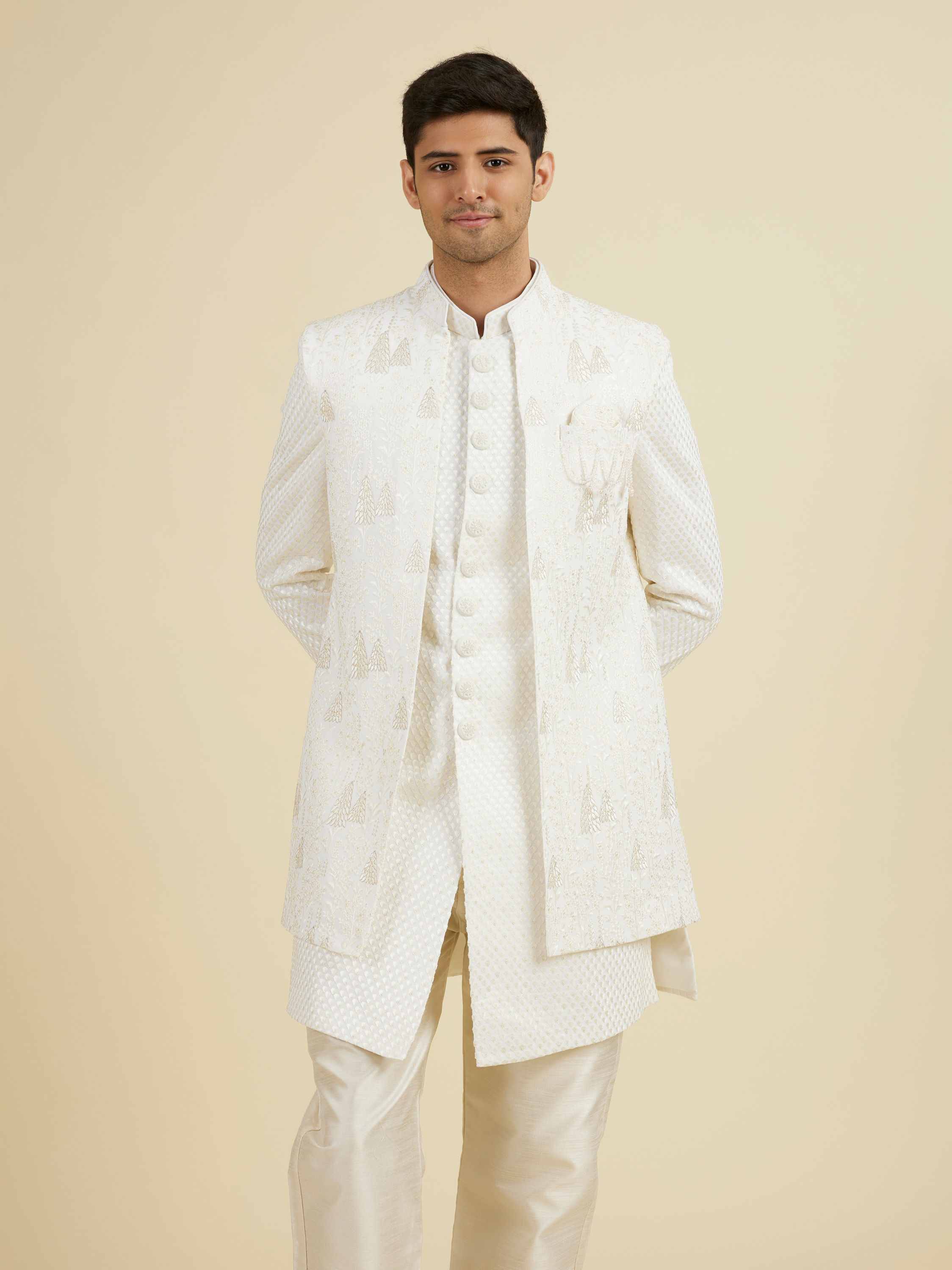 Manyavar Men Elegant Cream Georgette Indo Western Set