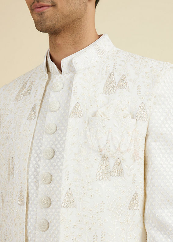 Manyavar Men Elegant Cream Georgette Indo Western Set