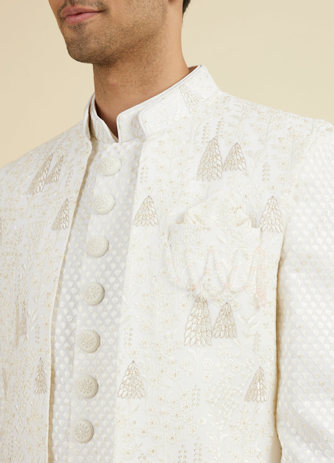 Manyavar Men Elegant Cream Georgette Indo Western Set