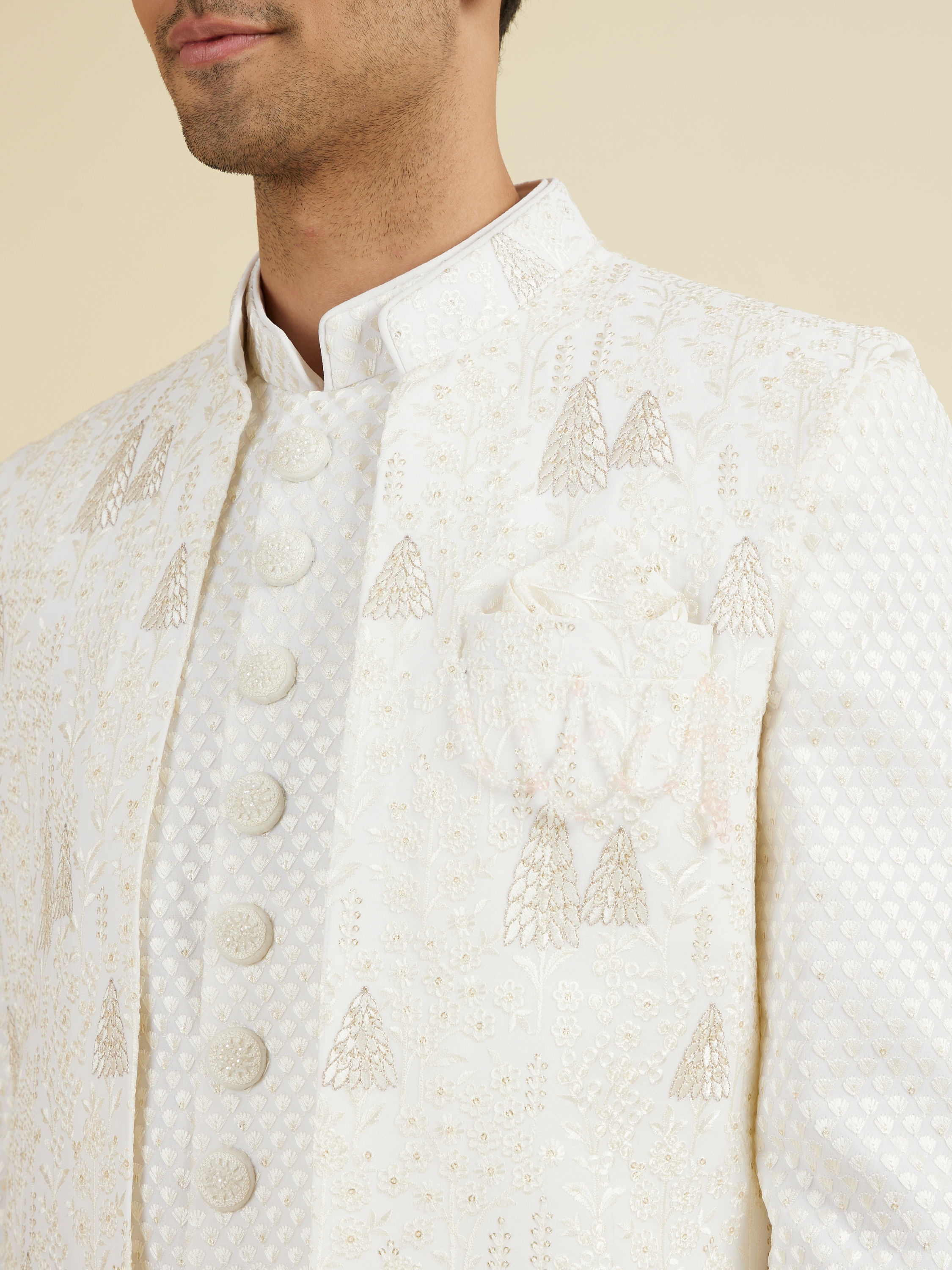 Manyavar Men Elegant Cream Georgette Indo Western Set