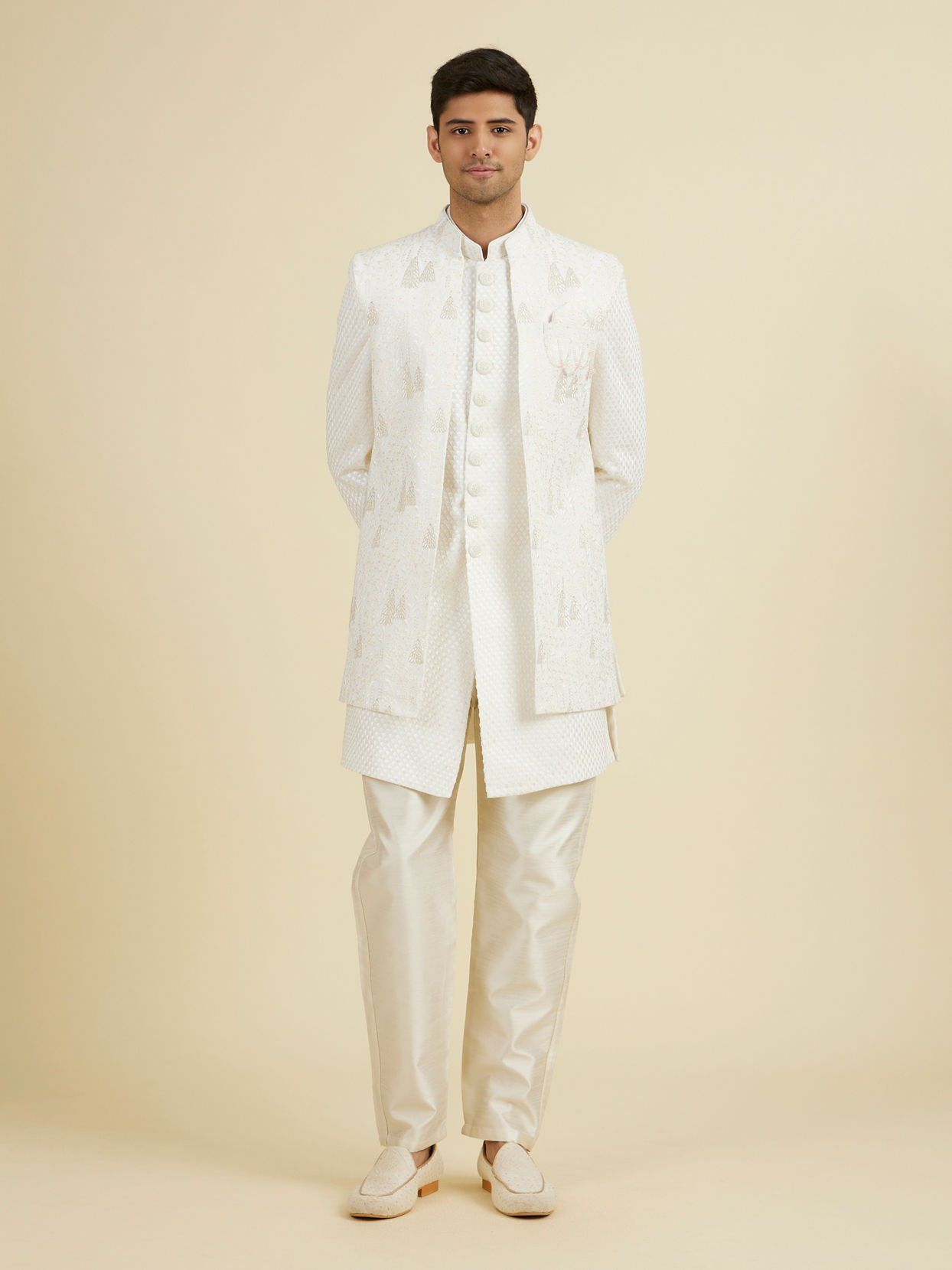 Manyavar Men Elegant Cream Georgette Indo Western Set