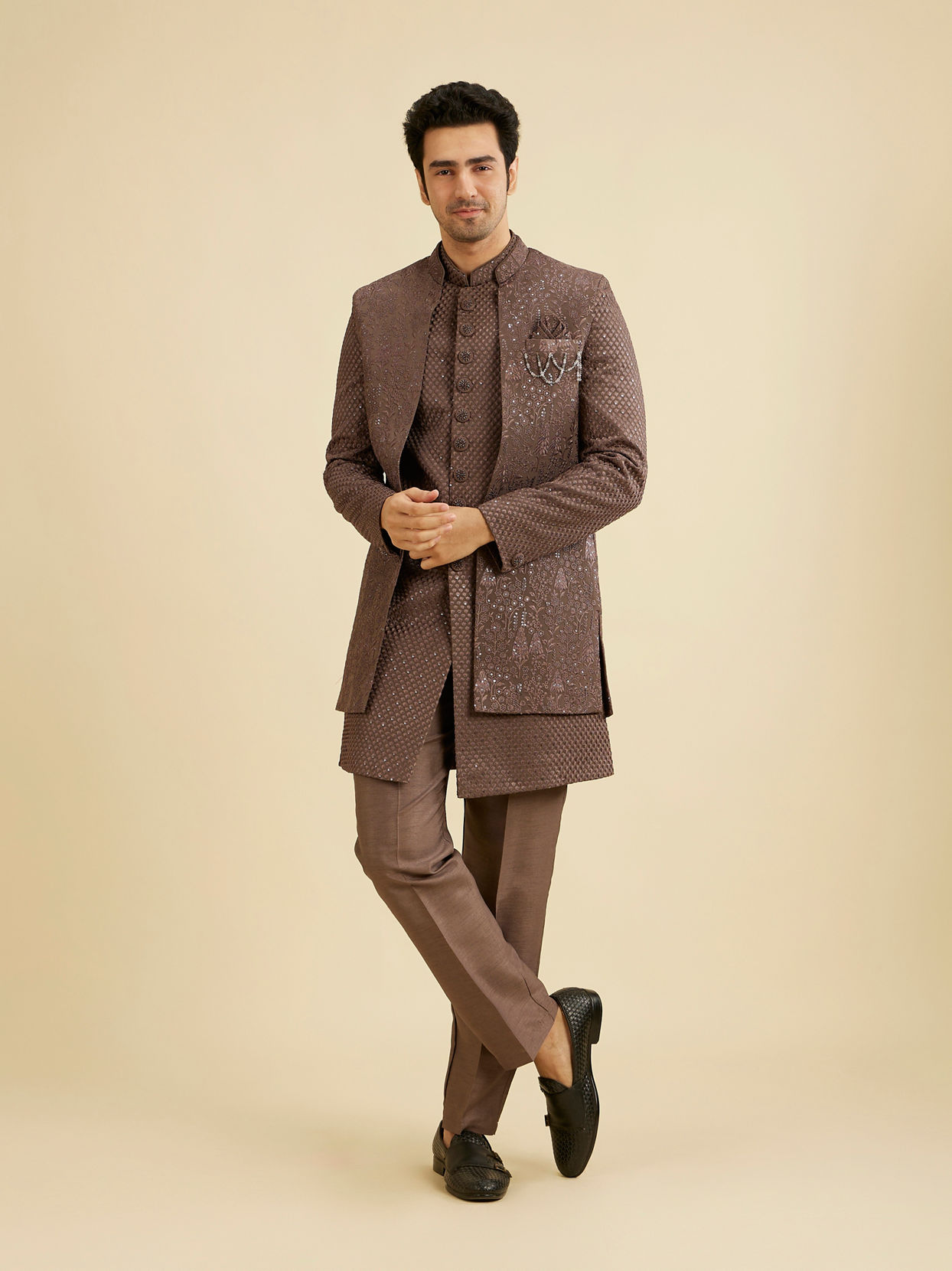 Manyavar Men Dark Brown Georgette Charm Indo Western