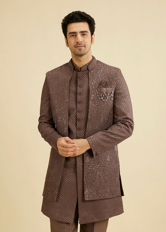 Manyavar Men Dark Brown Georgette Charm Indo Western