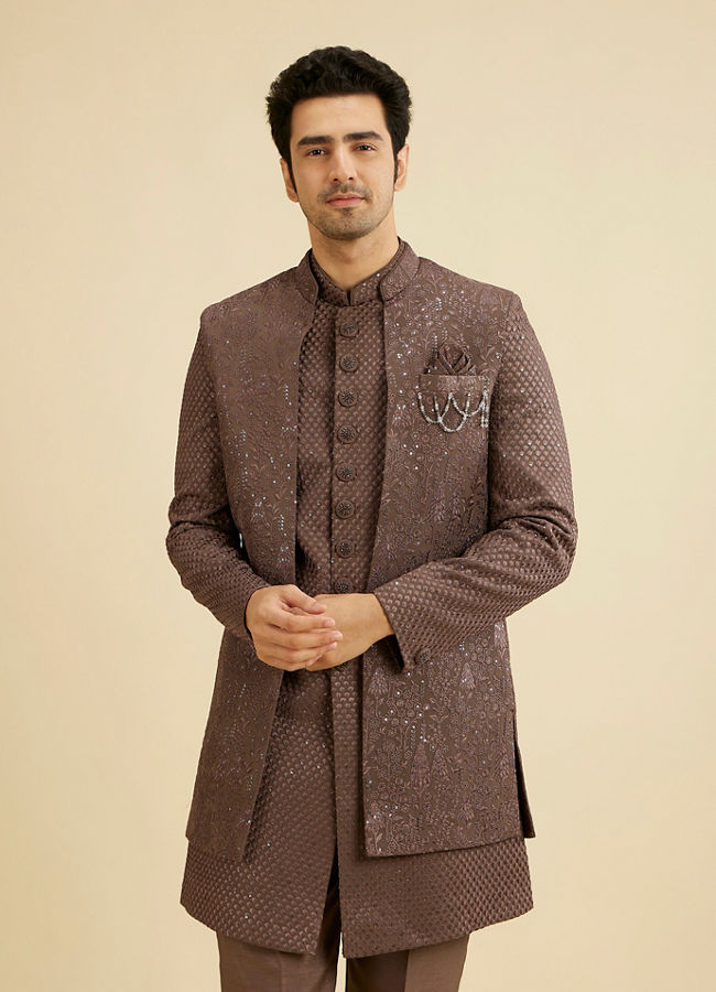 Manyavar Men Dark Brown Georgette Charm Indo Western