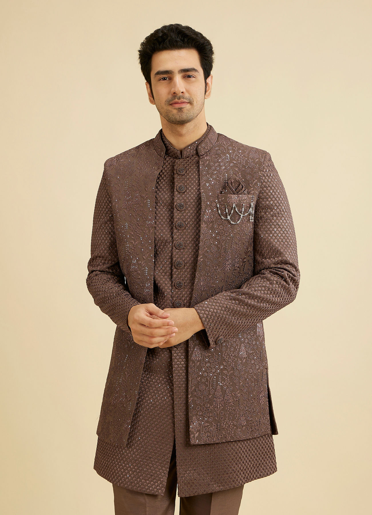 Manyavar Men Dark Brown Georgette Charm Indo Western