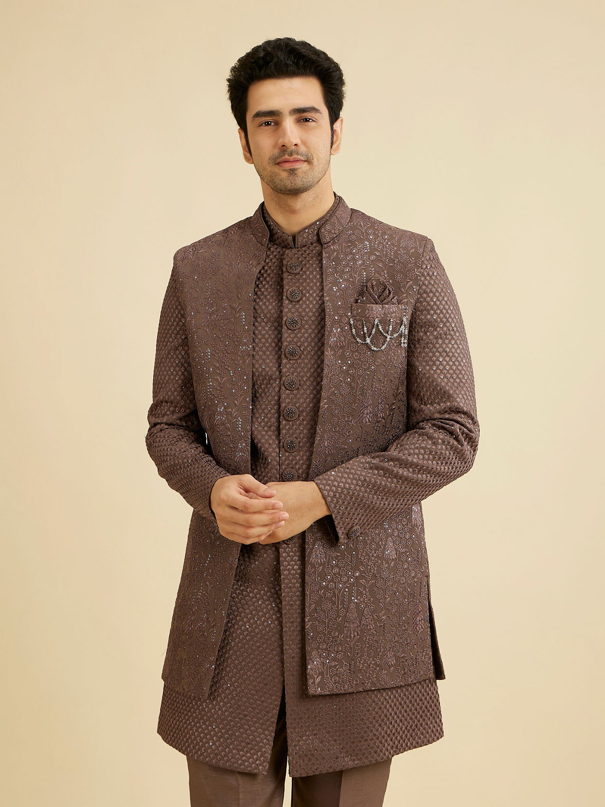 Manyavar Men Dark Brown Georgette Charm Indo Western