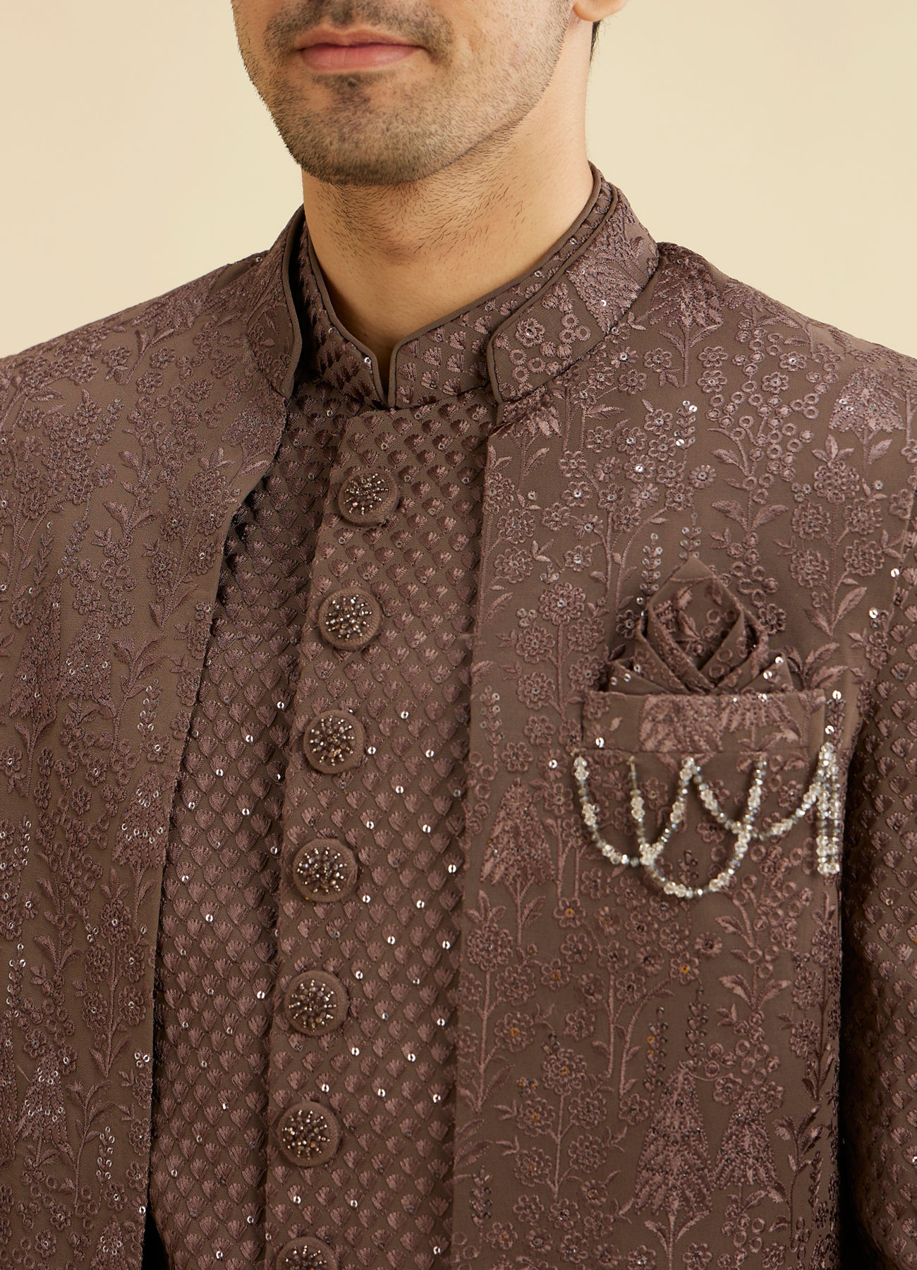 Manyavar Men Dark Brown Georgette Charm Indo Western