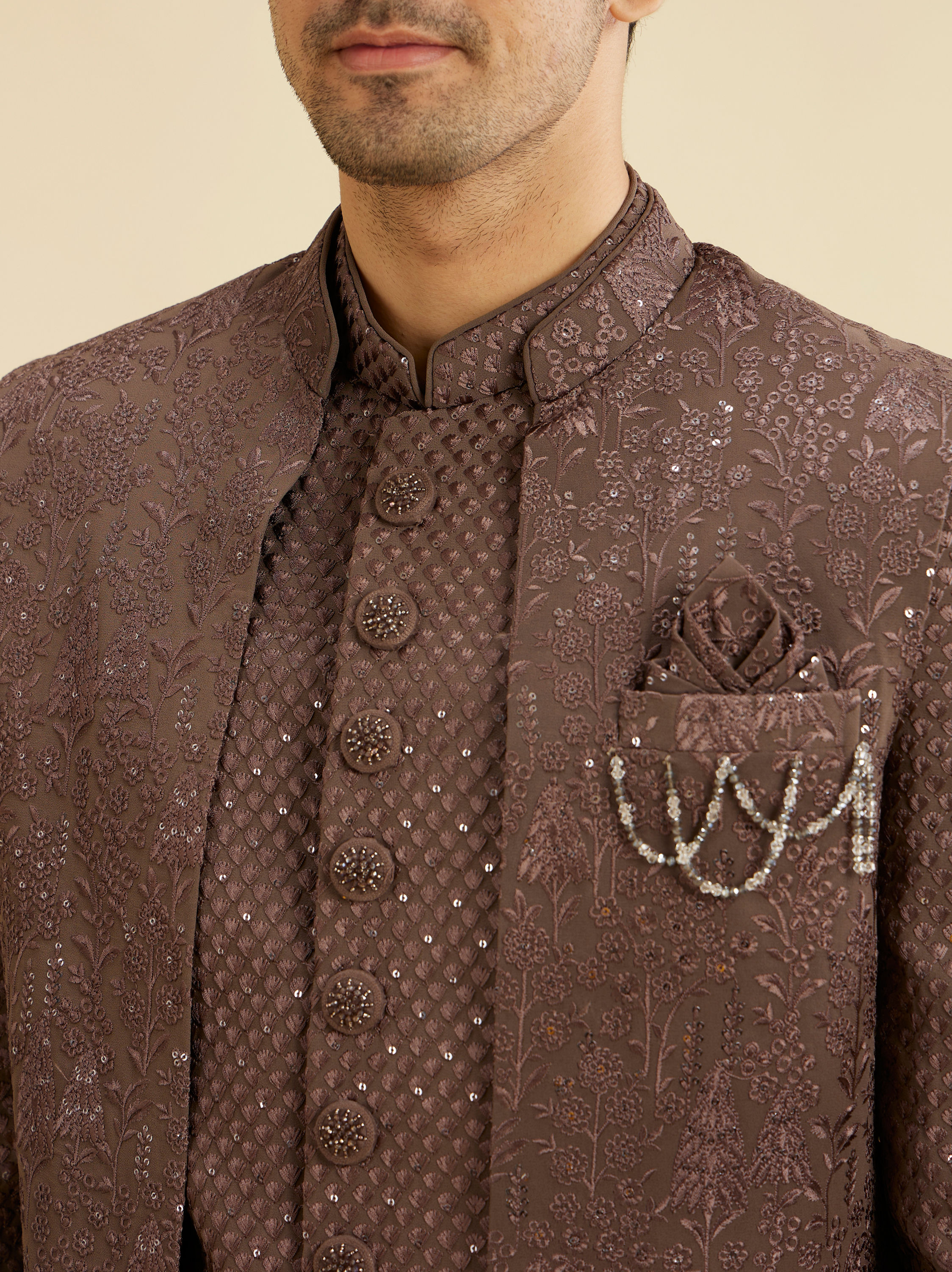 Manyavar Men Dark Brown Georgette Charm Indo Western