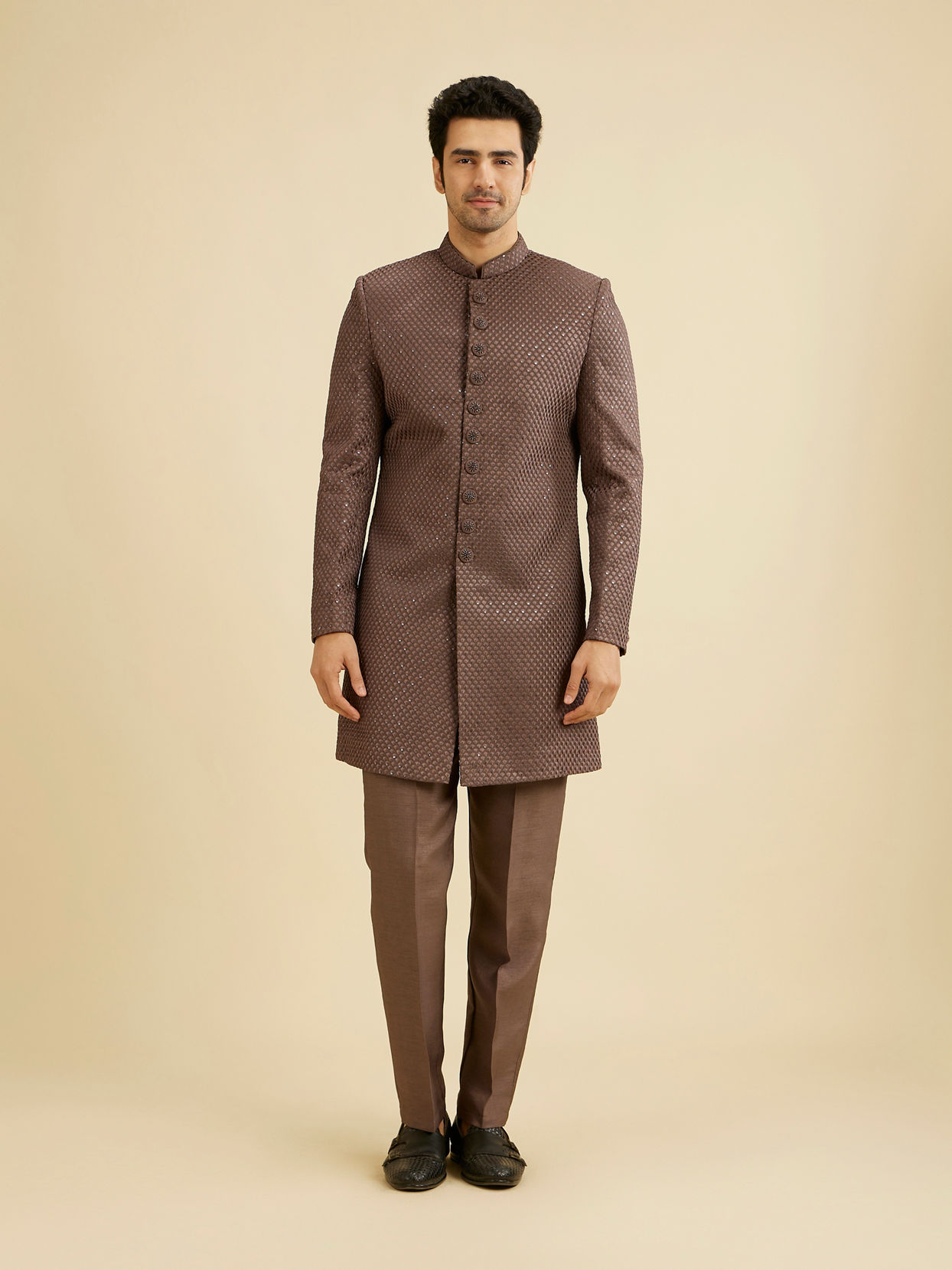 Manyavar Men Dark Brown Georgette Charm Indo Western