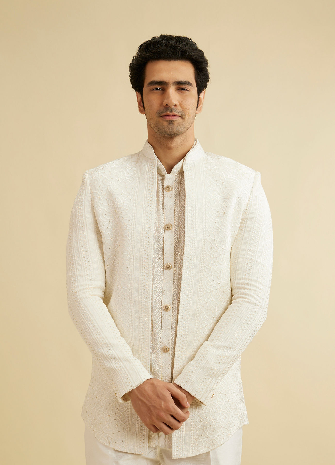 Manyavar Men Warm White Elegance Indo Western