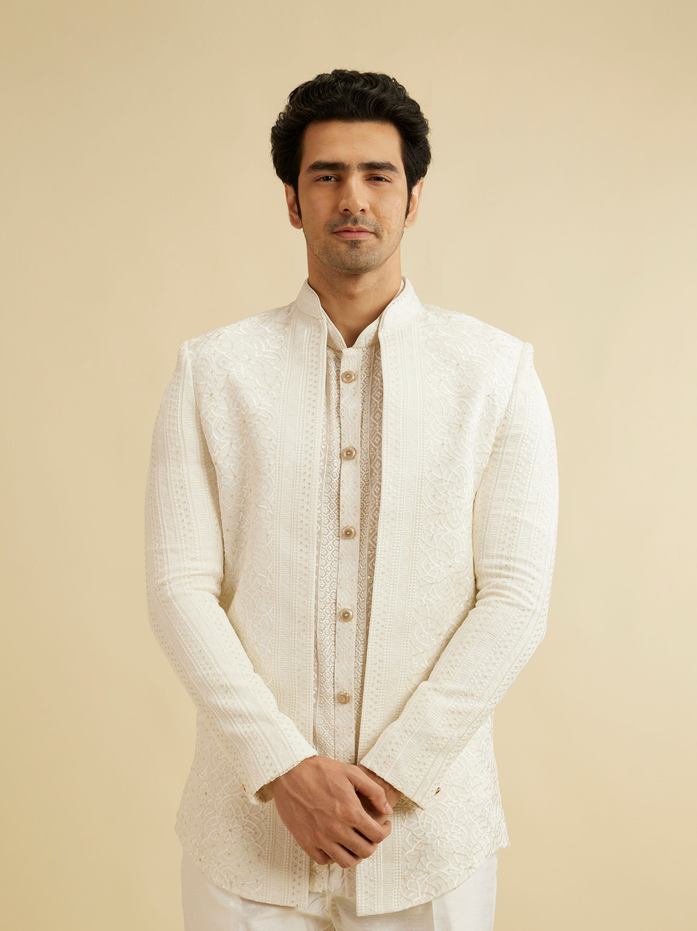 Manyavar Men Warm White Elegance Indo Western