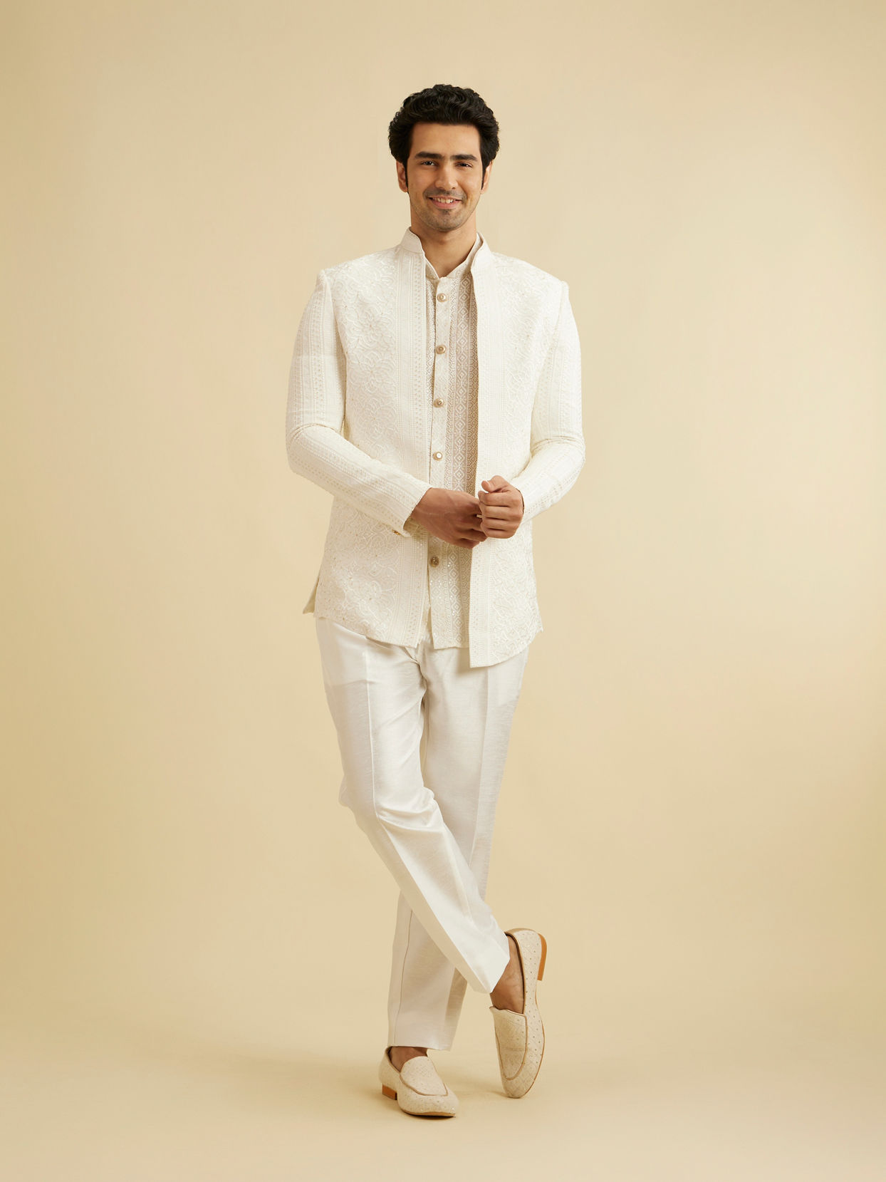 Manyavar Men Warm White Elegance Indo Western