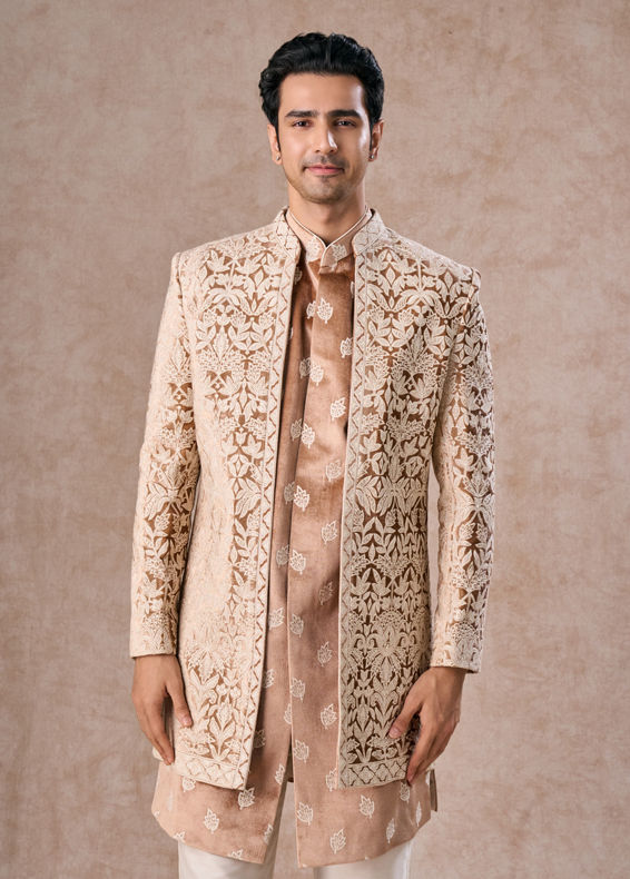 Manyavar Men Fawn Velvet Festivity Indo Western