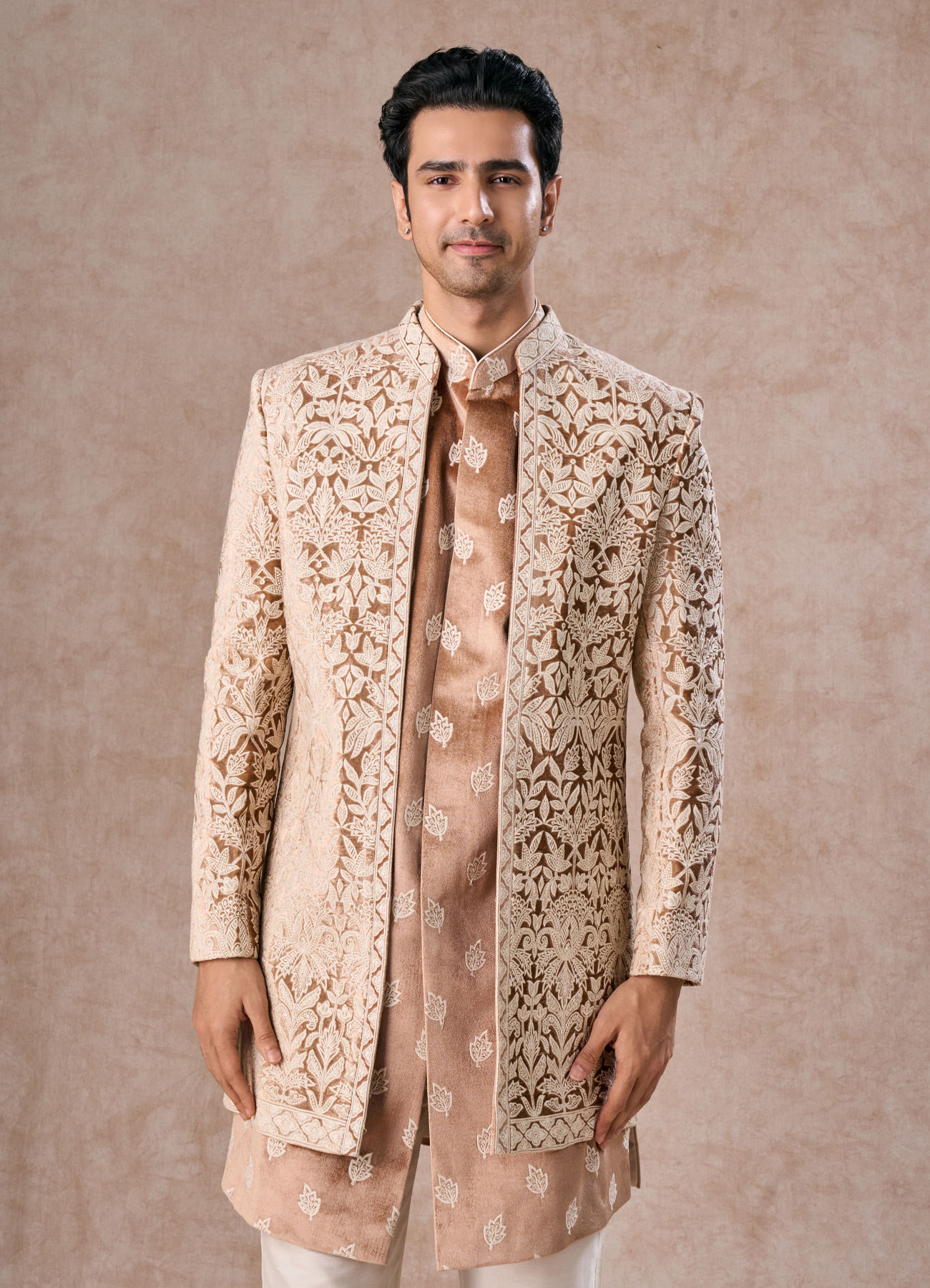 Manyavar Men Fawn Velvet Festivity Indo Western