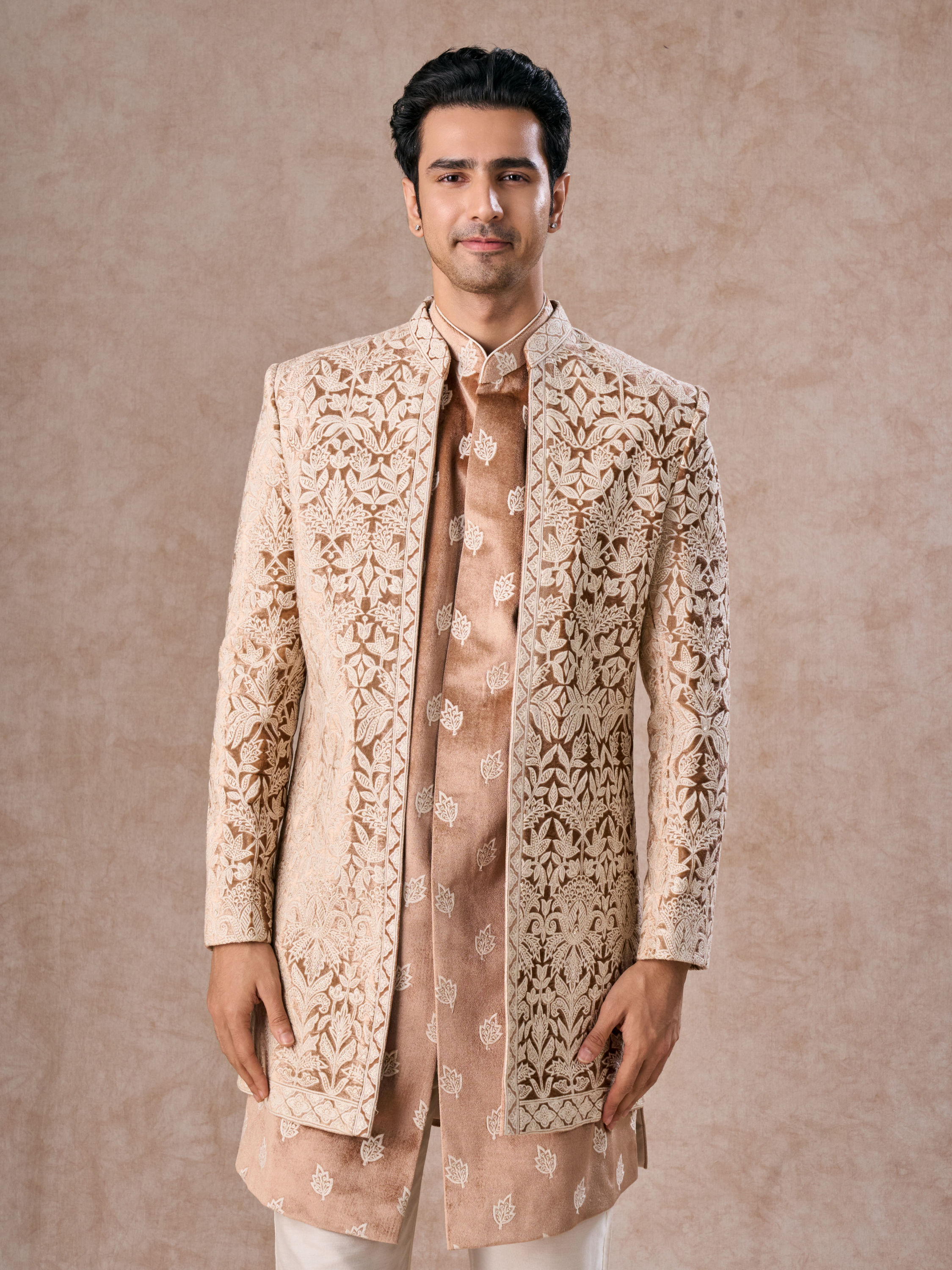Manyavar Men Fawn Velvet Festivity Indo Western
