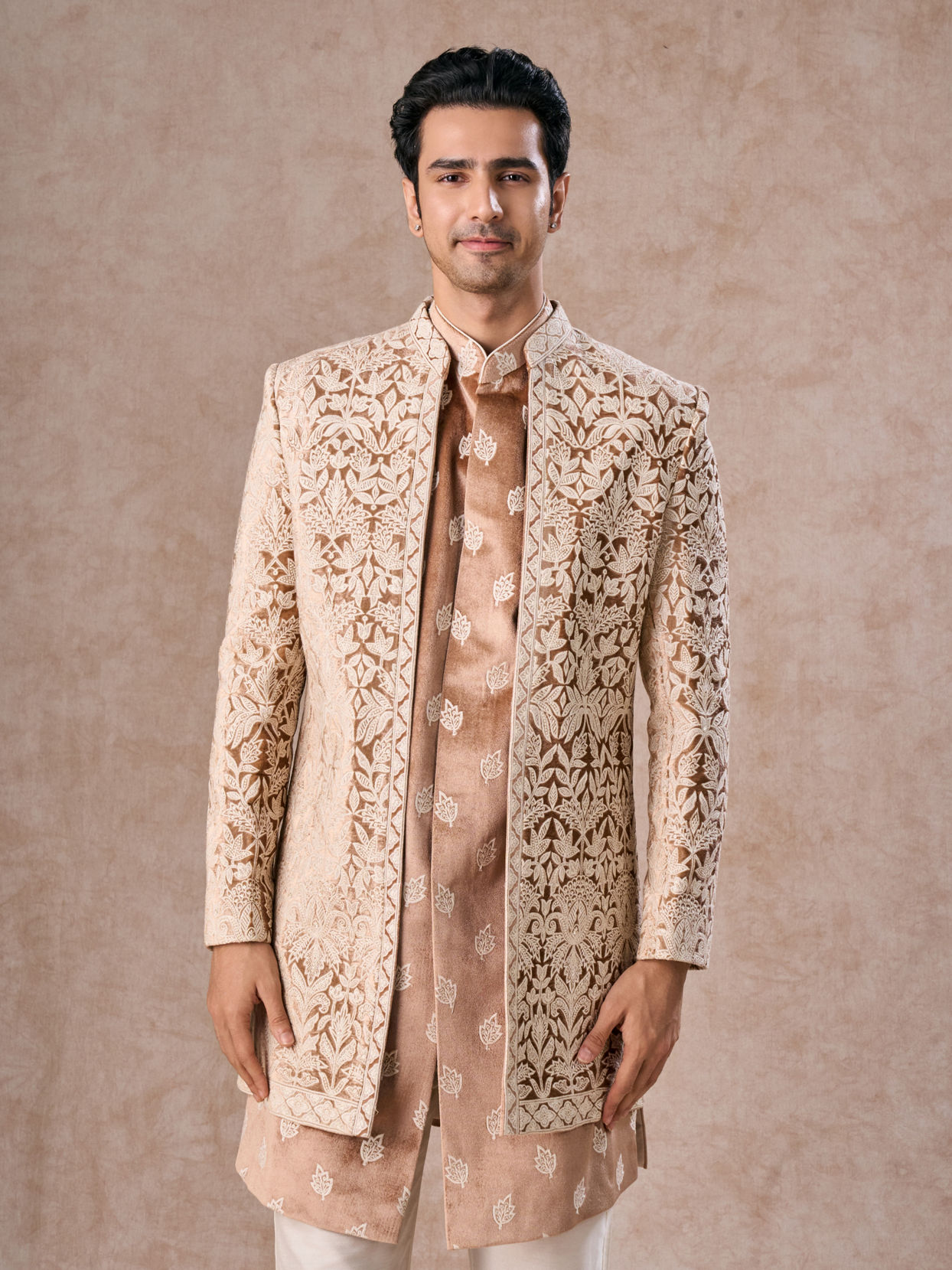 Manyavar Men Fawn Velvet Festivity Indo Western