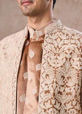 Manyavar Men Fawn Velvet Festivity Indo Western