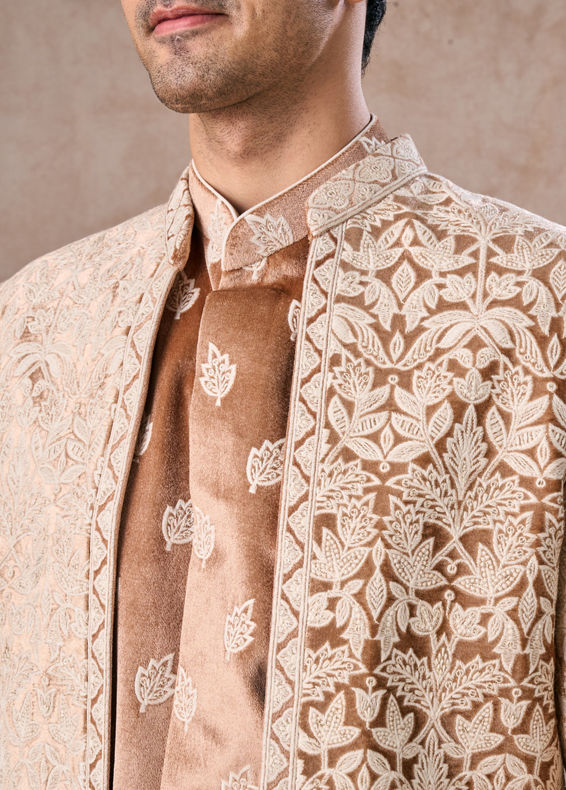 Manyavar Men Fawn Velvet Festivity Indo Western