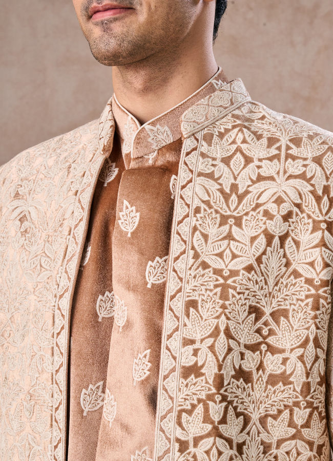 Manyavar Men Fawn Velvet Festivity Indo Western
