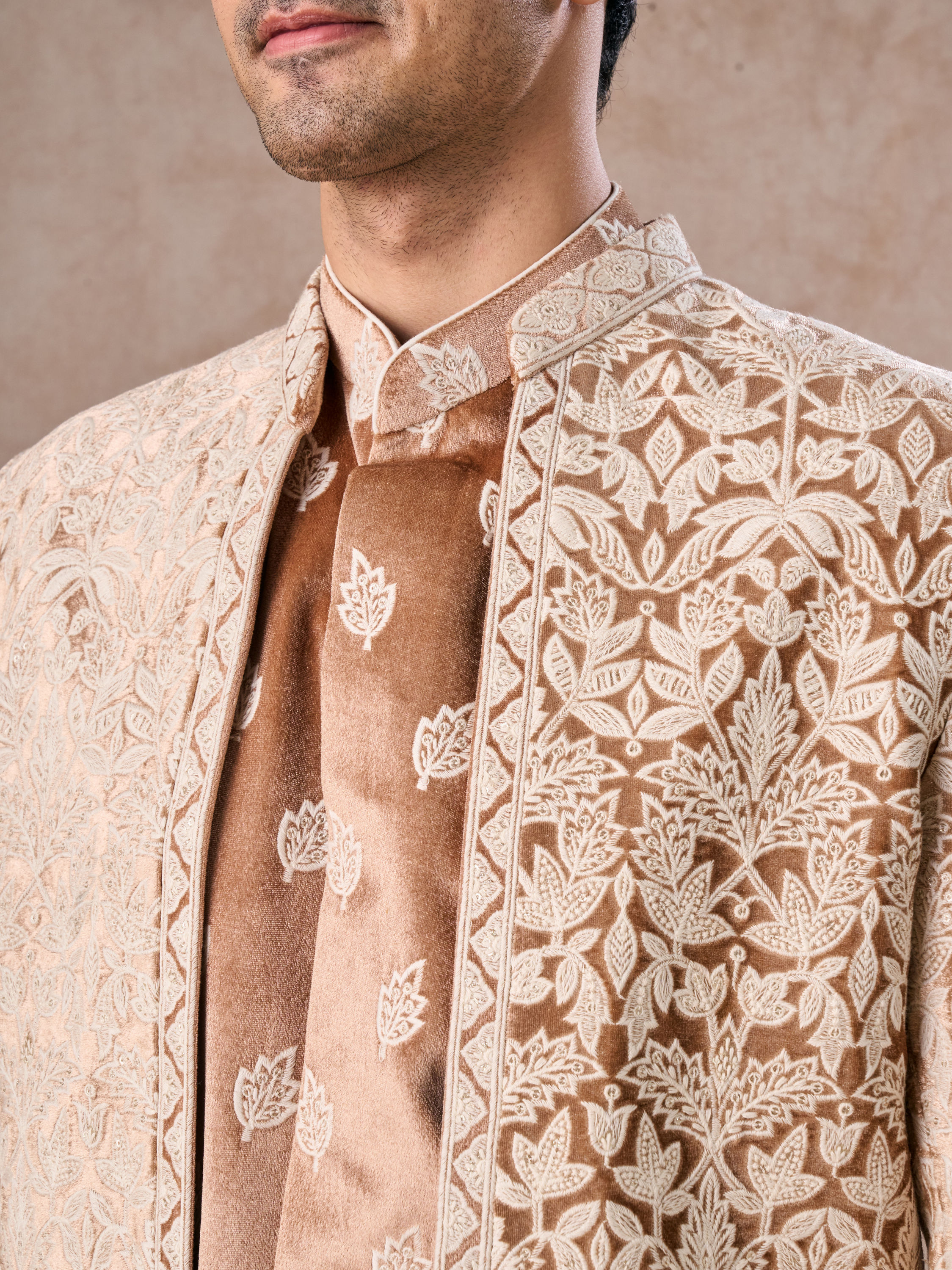 Manyavar Men Fawn Velvet Festivity Indo Western