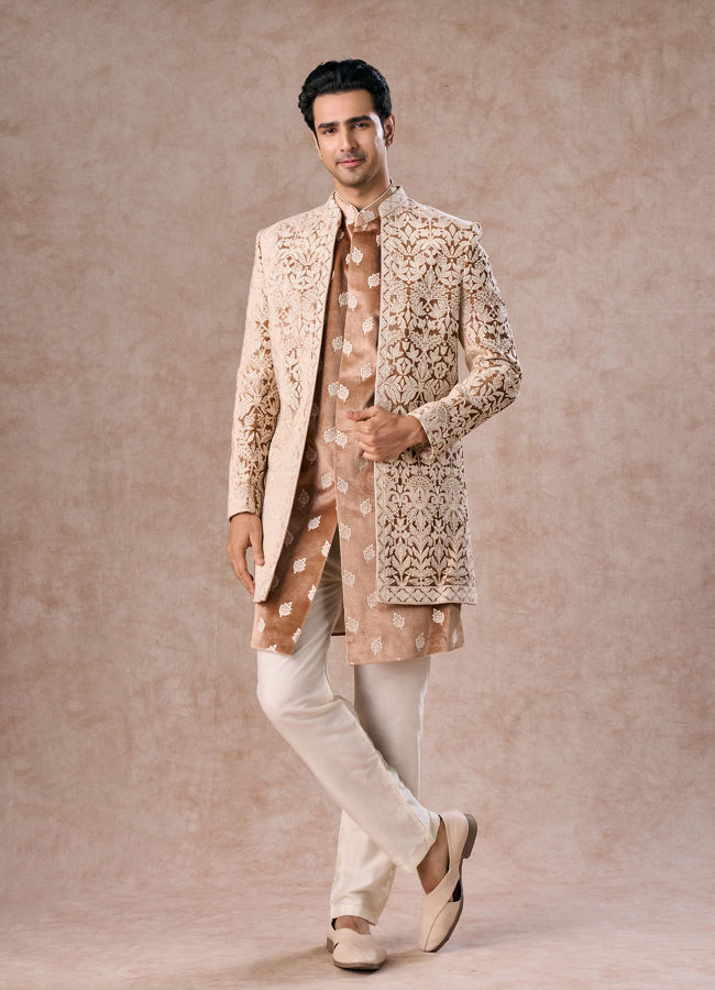 Manyavar Men Fawn Velvet Festivity Indo Western