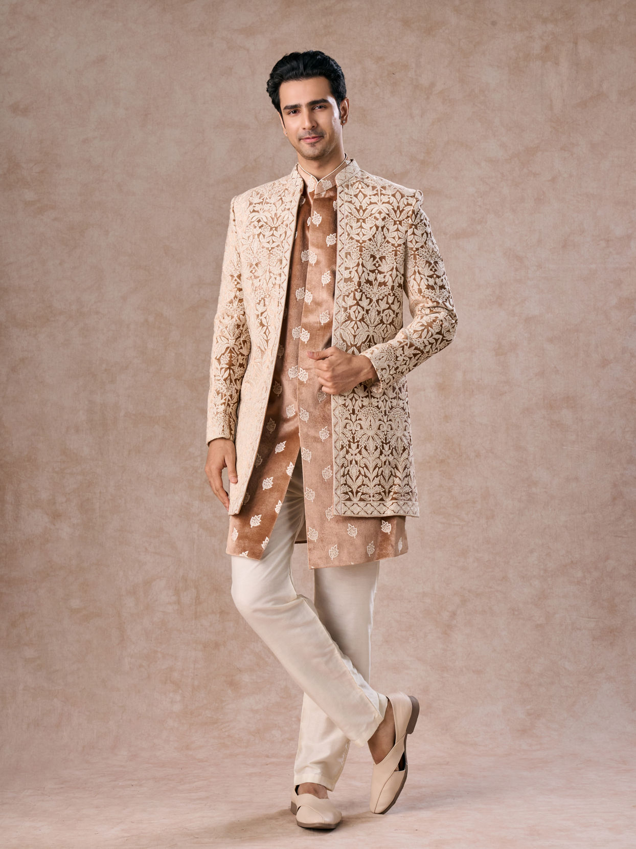 Manyavar Men Fawn Velvet Festivity Indo Western
