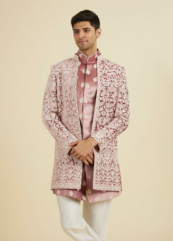 Manyavar Men Velvet Elegance in Pink Indo Western