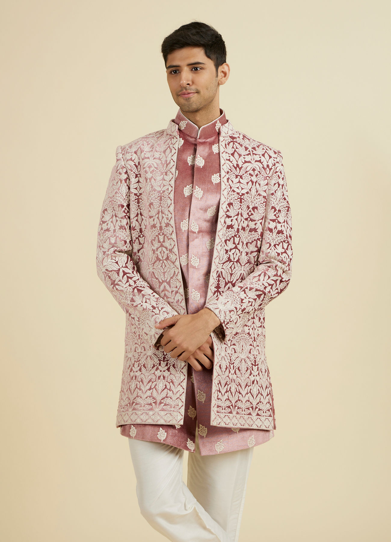 Manyavar Men Velvet Elegance in Pink Indo Western